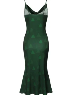 Fashion Retro Stage 1930s Christmas Tree Suspender Fishtail Dress Green