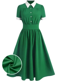 Hot Retro Stage 1940s Contrast Shirt Collar Dress Green
