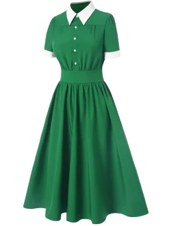 Hot Retro Stage 1940s Contrast Shirt Collar Dress Green