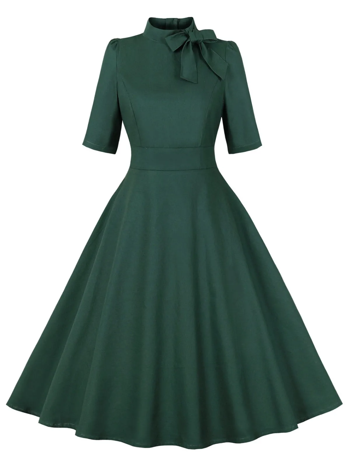 Outlet Retro Stage 1950s Cotton Tie Elbow Sleeves Dress Green