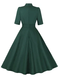 Outlet Retro Stage 1950s Cotton Tie Elbow Sleeves Dress Green