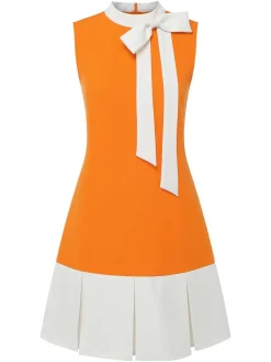 New Retro Stage Green 1960s Crew Bowknot Sleeveless Dress