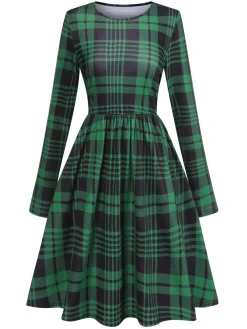 Sale Retro Stage 1940s Crew Neck Tartan Dress Green
