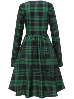 Sale Retro Stage 1940s Crew Neck Tartan Dress Green
