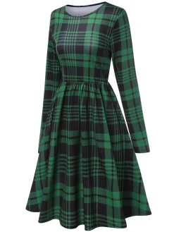 Clearance Retro Stage 1940s Crew Neck Tartan Dress With Belt Green