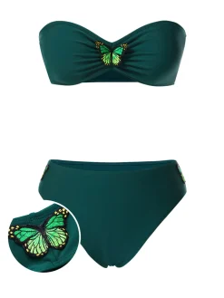 New Retro Stage 1960s 3D Butterfly Bandeau Bikini Set Green