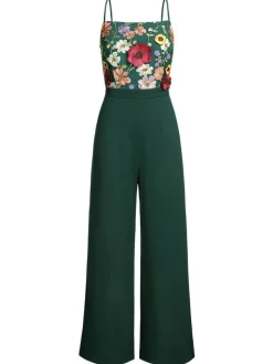 Best Retro Stage 1930s 3D Floral Strap Patchwork Jumpsuit Green