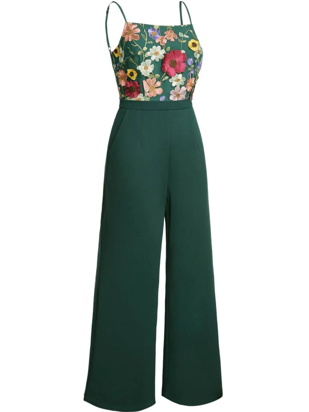 Best Retro Stage 1930s 3D Floral Strap Patchwork Jumpsuit Green