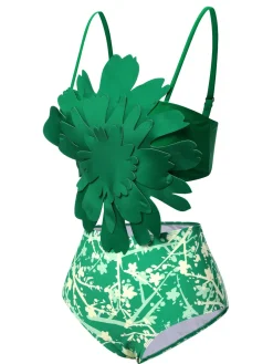 New Retro Stage 1960S 3D Floral Strap Swimsuit Green