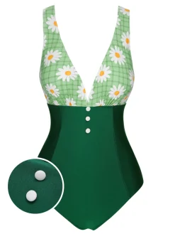 Hot Retro Stage 1940s Daisy Patchwork One-Piece Swimsuit Green