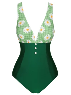 Hot Retro Stage 1940s Daisy Patchwork One-Piece Swimsuit Green
