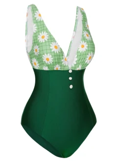 Hot Retro Stage 1940s Daisy Patchwork One-Piece Swimsuit Green