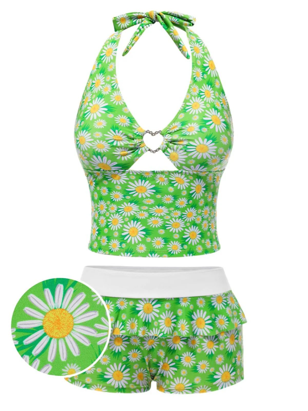 Discount Retro Stage 1970s Daisy Ruffled Halter Tankini Set Green