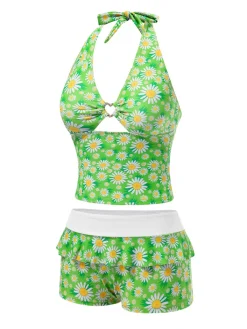 Discount Retro Stage 1970s Daisy Ruffled Halter Tankini Set Green