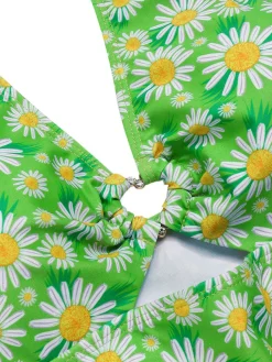 Discount Retro Stage 1970s Daisy Ruffled Halter Tankini Set Green