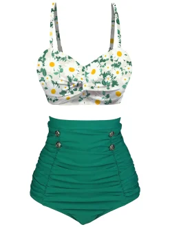 Fashion Retro Stage 1950s Daisy Strap Pleated Swimsuit Green