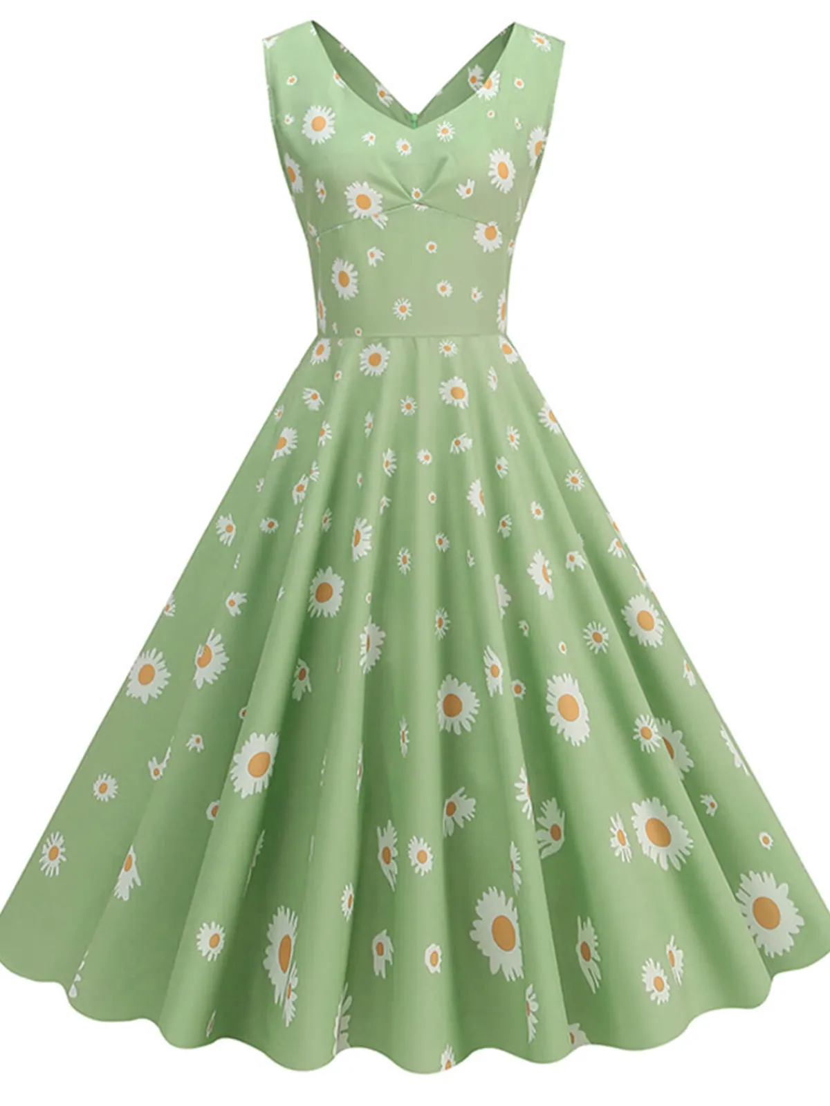 Best Retro Stage 1950s Daisy V-Neck Swing Dress Green