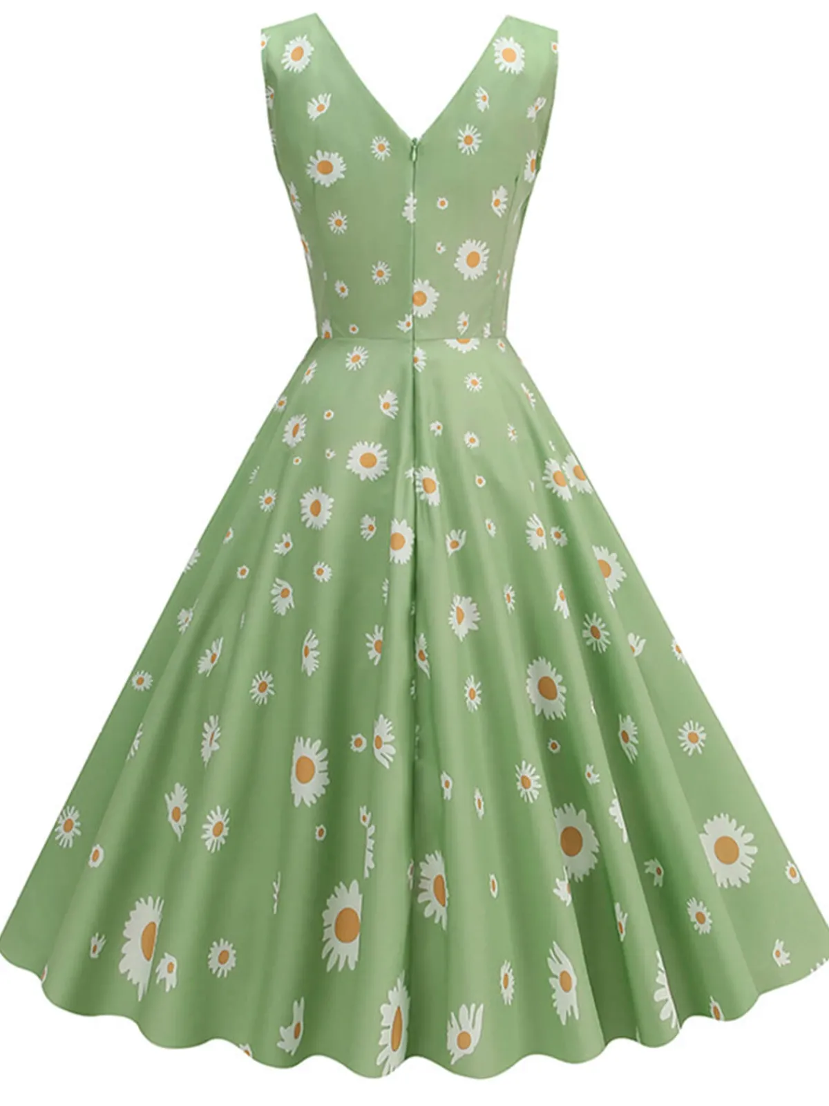 Best Retro Stage 1950s Daisy V-Neck Swing Dress Green