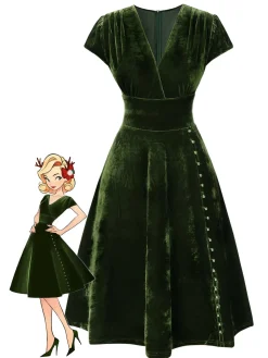 Hot Retro Stage Green 1940s Deep V-Neck Pearl Velvet Dress