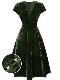 Hot Retro Stage Green 1940s Deep V-Neck Pearl Velvet Dress
