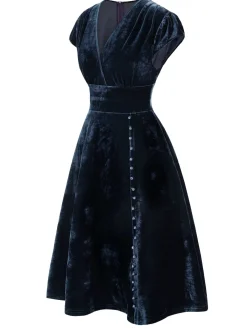 Hot Retro Stage Green 1940s Deep V-Neck Pearl Velvet Dress