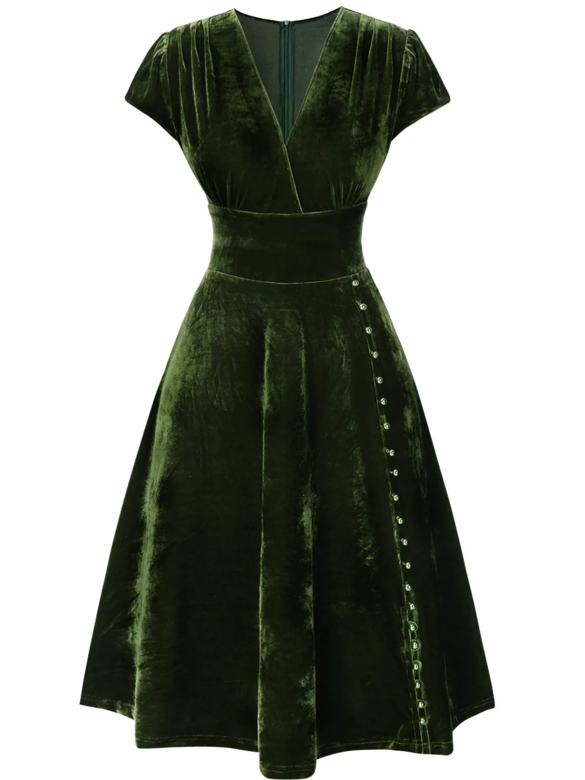 Hot Retro Stage Green 1940s Deep V-Neck Pearl Velvet Dress