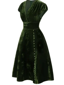 Hot Retro Stage Green 1940s Deep V-Neck Pearl Velvet Dress