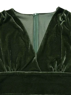 Hot Retro Stage Green 1940s Deep V-Neck Pearl Velvet Dress