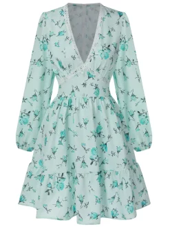 Outlet Retro Stage Green 1950s Deep V-Neck Puff Floral Dress Ceramic Green