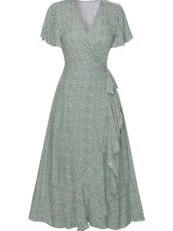 New Retro Stage 1940s Ditsy Floral Flounce Sleeve Dress Green