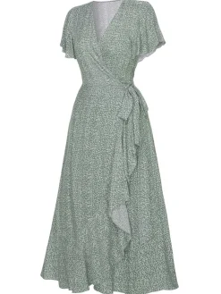 New Retro Stage 1940s Ditsy Floral Flounce Sleeve Dress Green