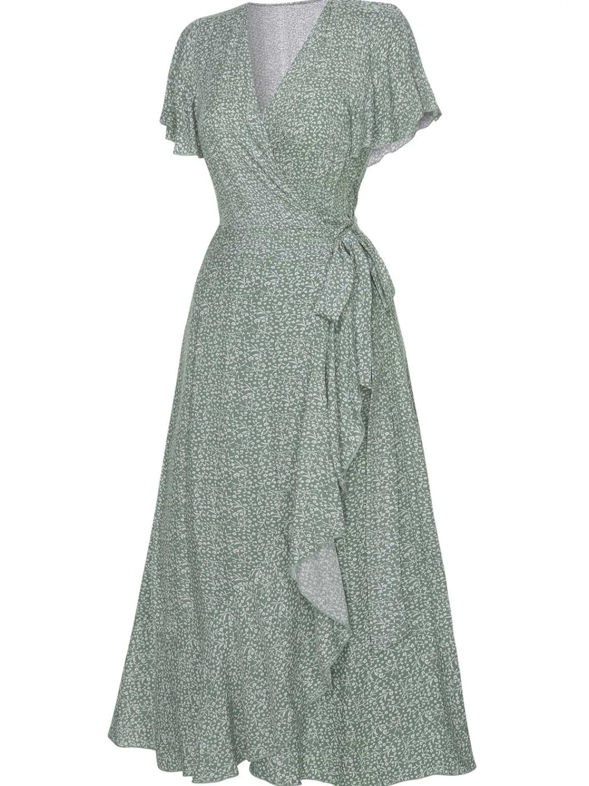New Retro Stage 1940s Ditsy Floral Flounce Sleeve Dress Green