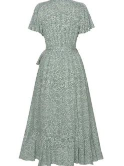 New Retro Stage 1940s Ditsy Floral Flounce Sleeve Dress Green