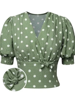 Online Retro Stage Green 1940s Dots Bowknot V-Neck Blouse