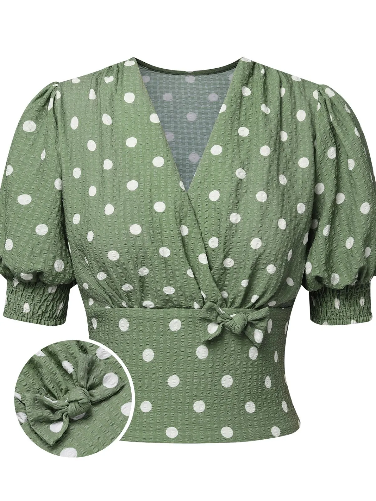 Online Retro Stage Green 1940s Dots Bowknot V-Neck Blouse