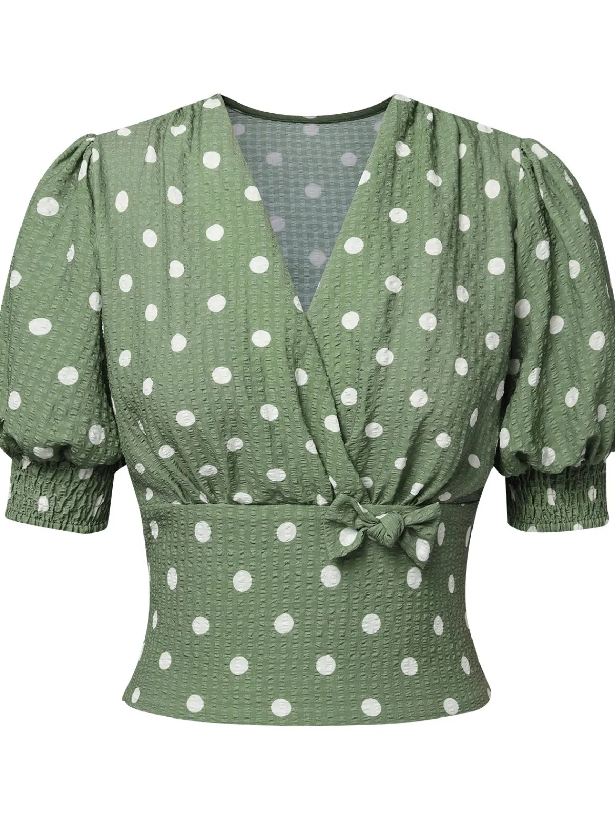 Online Retro Stage Green 1940s Dots Bowknot V-Neck Blouse