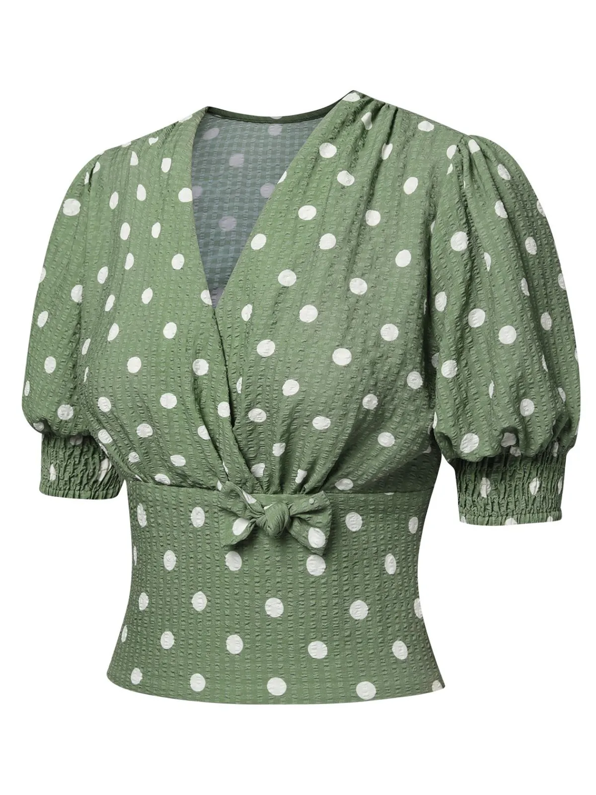 Online Retro Stage Green 1940s Dots Bowknot V-Neck Blouse