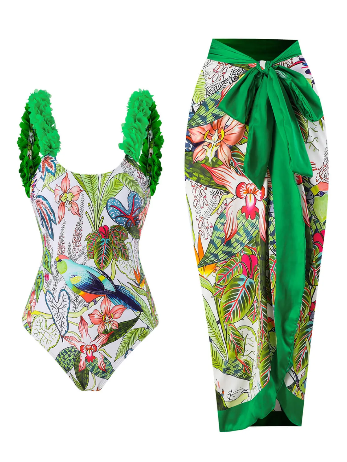 New Retro Stage 1960s Floral Bird Swimsuit & Cover-Up Green
