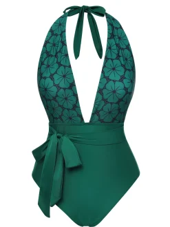 Outlet Retro Stage Green 1940s Floral Deep V-Neck Halter Swimsuit Dark Green