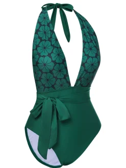 Outlet Retro Stage Green 1940s Floral Deep V-Neck Halter Swimsuit Dark Green