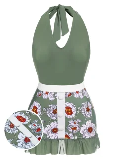 Fashion Retro Stage 1940s Floral Halter One-Piece Swimsuit Green