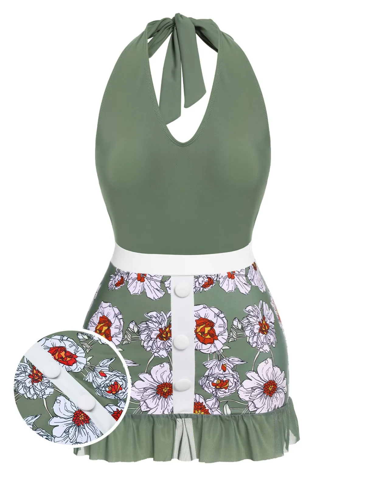 Fashion Retro Stage 1940s Floral Halter One-Piece Swimsuit Green