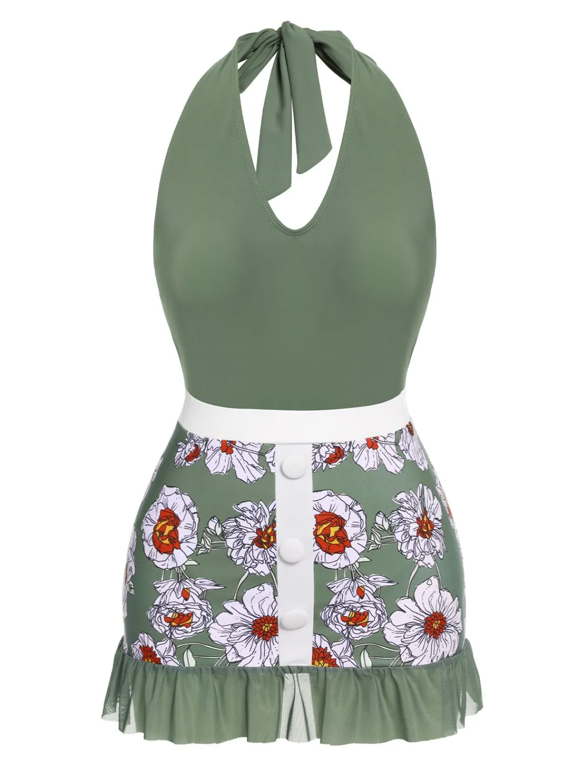 Fashion Retro Stage 1940s Floral Halter One-Piece Swimsuit Green