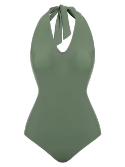 Fashion Retro Stage 1940s Floral Halter One-Piece Swimsuit Green