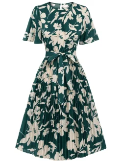 Hot Retro Stage 1940s Floral Pleated Belt Dress Green