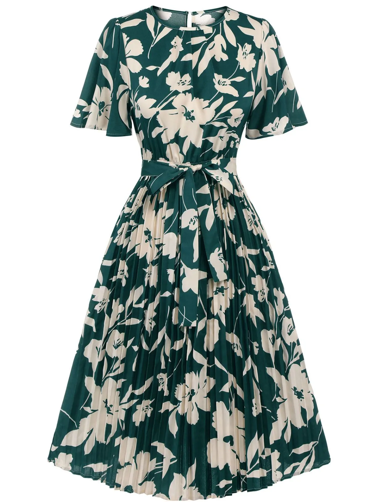 Hot Retro Stage 1940s Floral Pleated Belt Dress Green