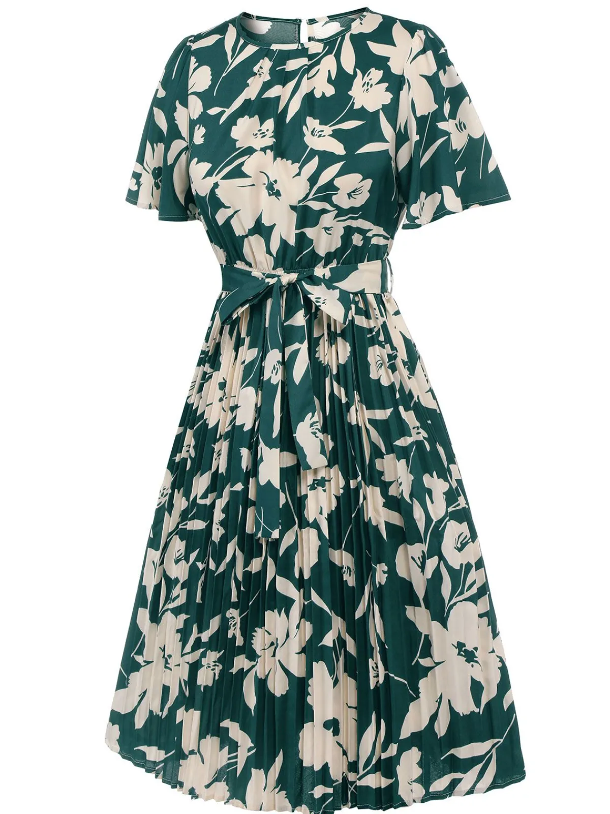 Hot Retro Stage 1940s Floral Pleated Belt Dress Green
