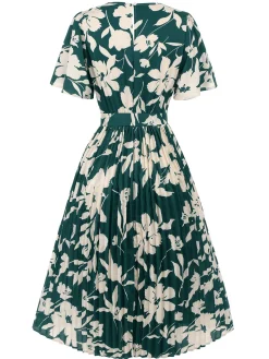 Hot Retro Stage 1940s Floral Pleated Belt Dress Green