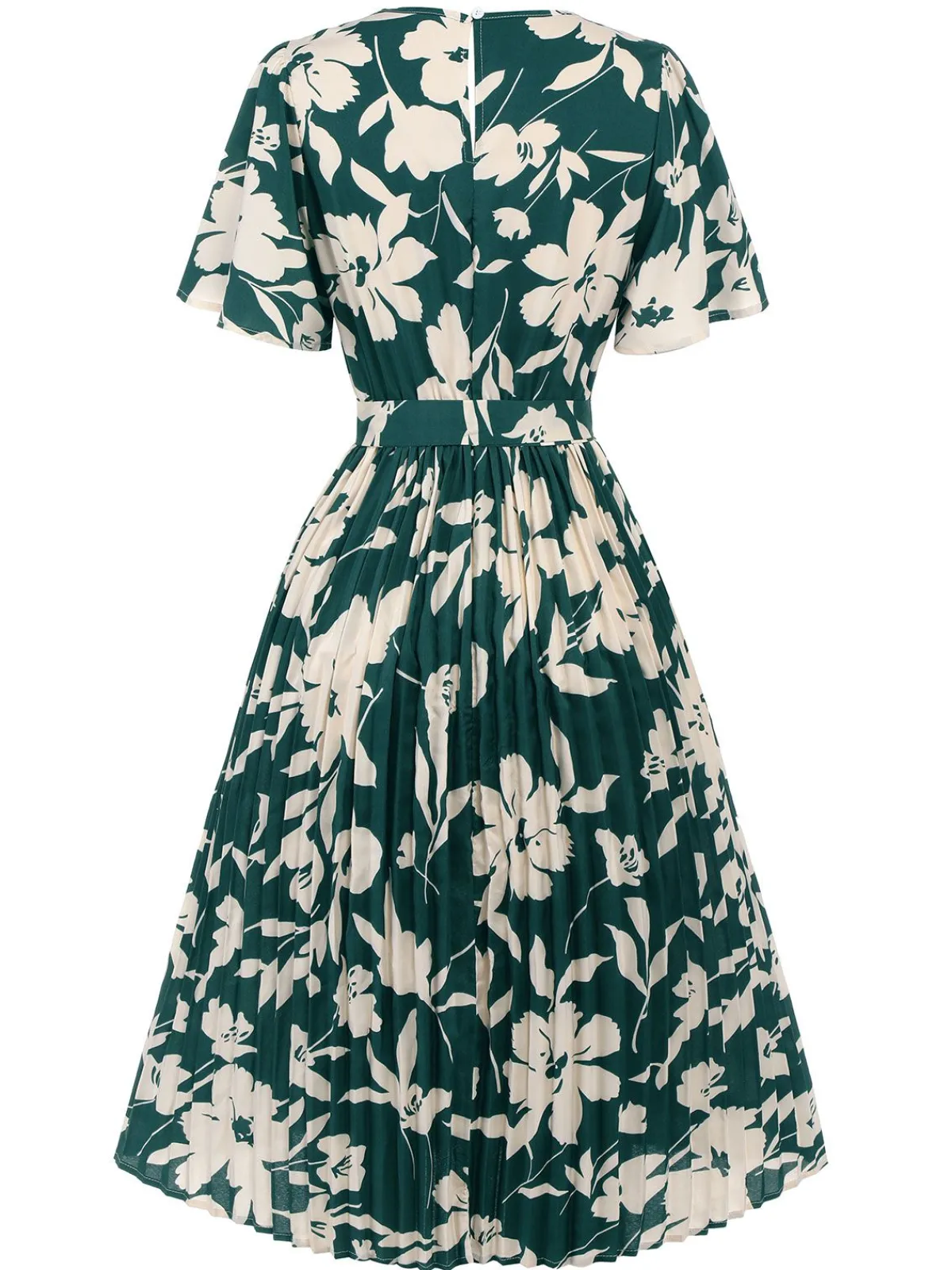 Hot Retro Stage 1940s Floral Pleated Belt Dress Green