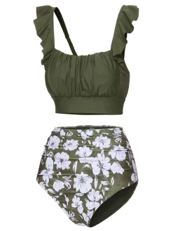 Discount Retro Stage Green 1950s Floral Ruffles Pleated Swimsuit Army Green